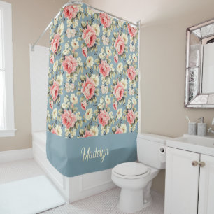 French Country Cottage Floral Dusty Blue Monogram Shower Curtain