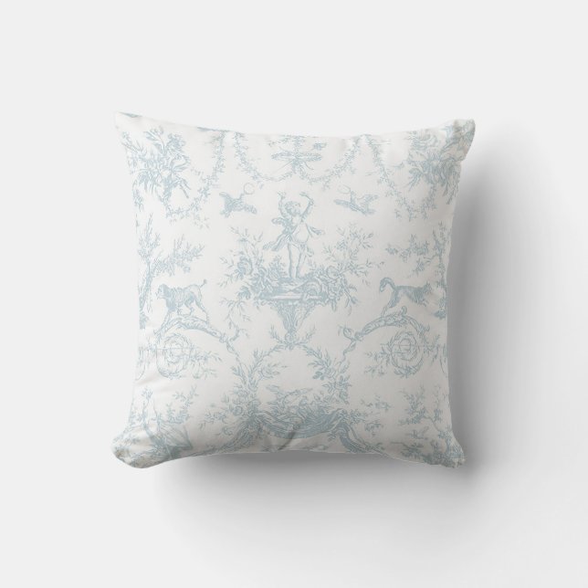 French Country Cottage Vintage Blue Toile Accent Cushion (Front)