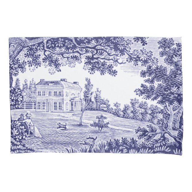 French Country Decor Blue Toile Pillowcase (Front)