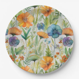 French Country Decor Watercolor Wildflowers Paper Plate