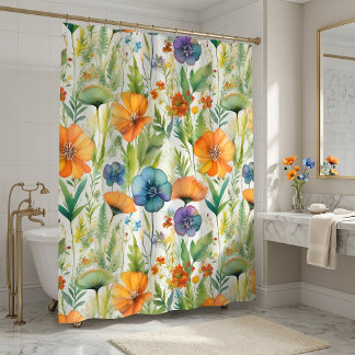 French Country Decor Watercolor Wildflowers Shower Curtain