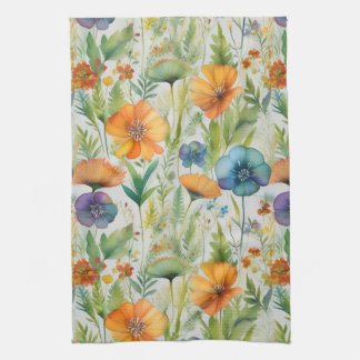 French Country Decor Watercolor Wildflowers Tea Towel