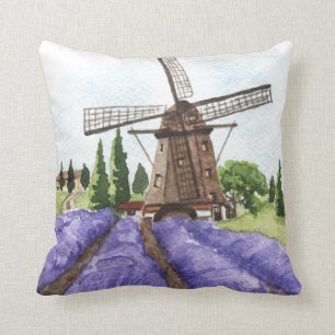 French Country Decor Windmill & Lavender Fields Cushion