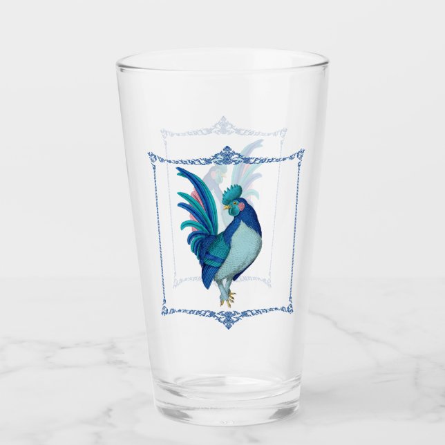 French Country Farmhouse Rooster Blue Teal Pink Glass (Front)