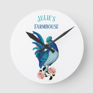 French Country Farmhouse Rooster Blue Teal Pink Round Clock