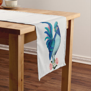 French Country Farmhouse Rooster Blue Teal Pink Short Table Runner