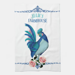 French Country Farmhouse Rooster Blue Teal Pink Tea Towel
