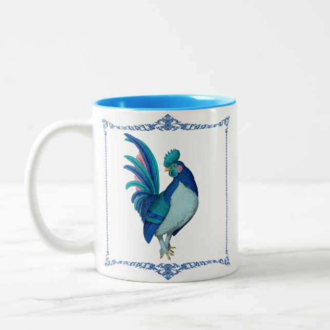 French Country Farmhouse Rooster Blue Teal Pink Two-Tone Coffee Mug (Left)
