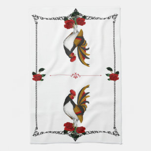 French Country Farmhouse Rooster Red Black Gold Tea Towel
