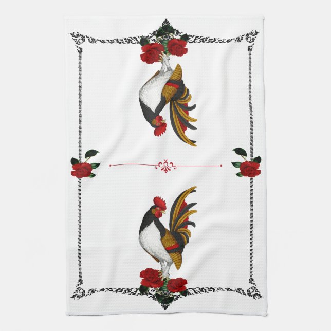 French Country Farmhouse Rooster Red Black Gold Tea Towel (Vertical)