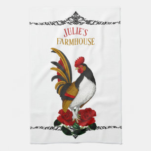 French Country Farmhouse Rooster Red Black Gold Tea Towel