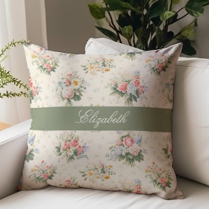 French Country Floral Script Monogram Name Cream Cushion