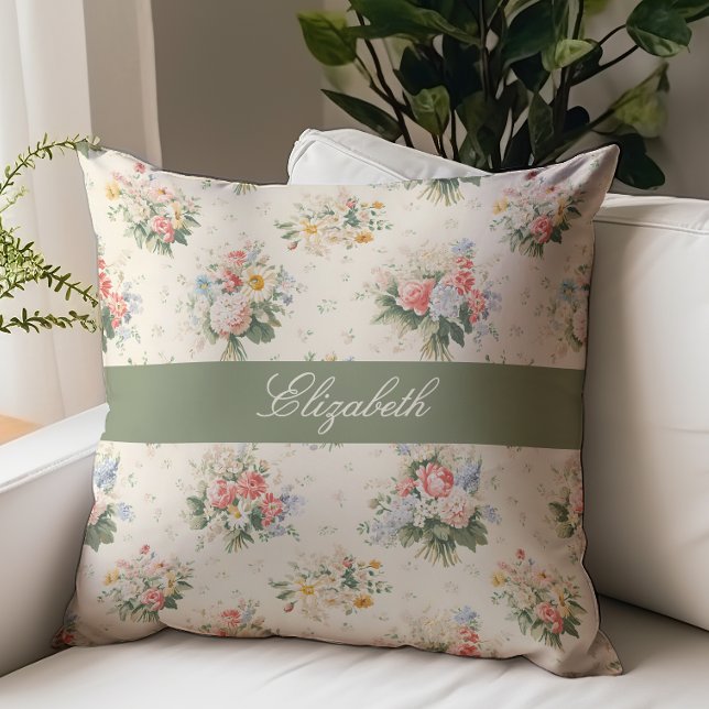 French Country Floral Script Monogram Name Cream Cushion (Creator Uploaded)