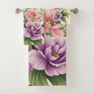 French Country Garden Lavender & Rose Blooms Bath Towel Set