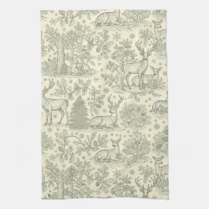 French Country Green Toile Deer Pattern Tea Towel