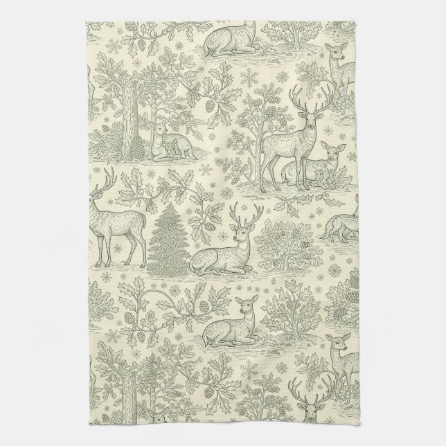 French Country Green Toile Deer Pattern Tea Towel (Vertical)