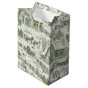 French Country Green Winter Toile Landscape Medium Gift Bag