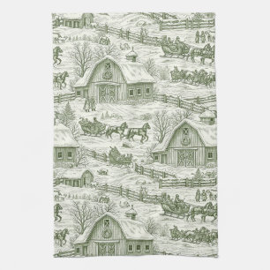 French Country Green Winter Toile Landscape Tea Towel