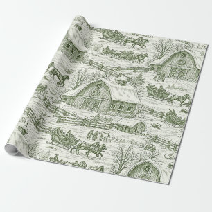 French Country Green Winter Toile Landscape Wrapping Paper
