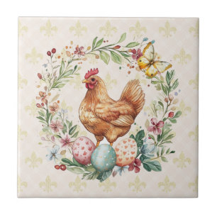 French Country Hen Fleur de Lis Tile Coaster