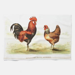 French Country Home Decor - Rooster and Hen Tea Towel
