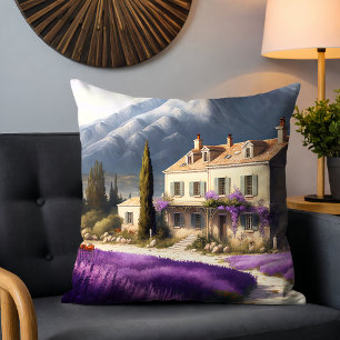 French Country House Lavender Flowers Mountains Cushion