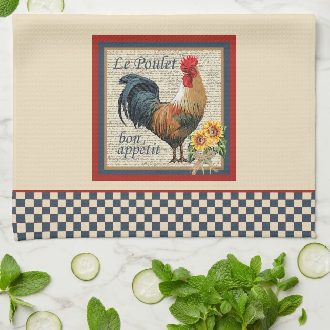 French Country Kitchen Blue Rooster Tea Towel (Folded)