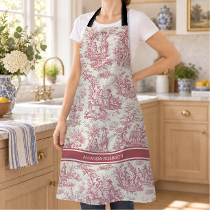 french country kitchen, vintage toile de jouy, red apron