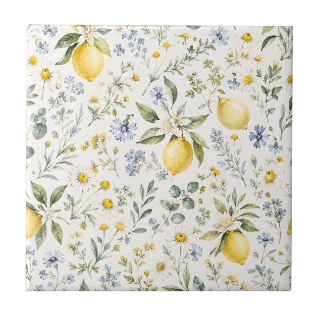 French Country Lemon and Wildflowers Pattern Tile (Front)