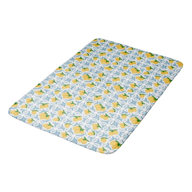 French Country Lemon Blue Floral Tile Pattern Bath Mat (Angled)