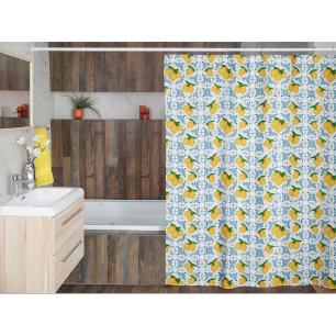 French Country Lemon Blue Floral Tile Pattern Shower Curtain