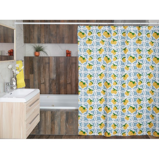 French Country Lemon Blue Floral Tile Pattern Shower Curtain (Creator Uploaded)