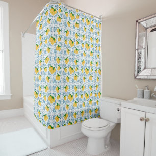 French Country Lemon Blue Floral Tile Pattern Shower Curtain