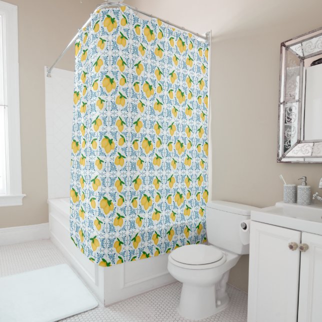 French Country Lemon Blue Floral Tile Pattern Shower Curtain (In Situ)