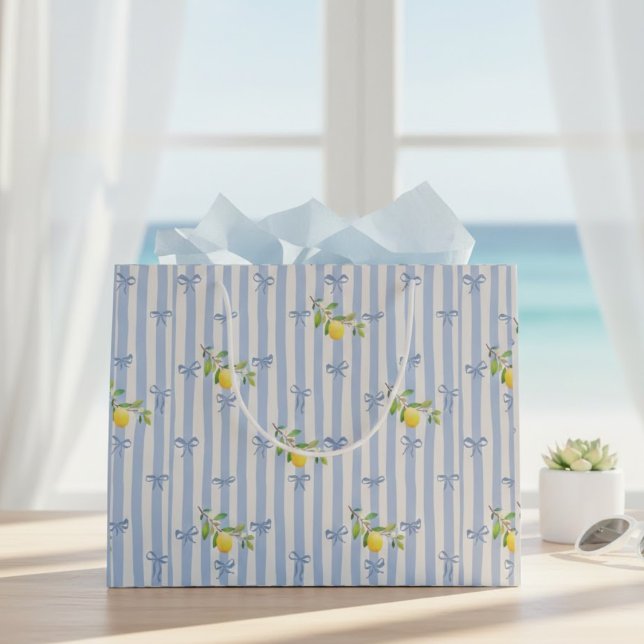 French Country Lemon – Blue Stripe Bow Pattern Large Gift Bag (Creator Uploaded)