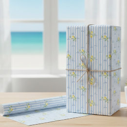 French Country Lemon – Blue Stripe Bow Pattern Wrapping Paper