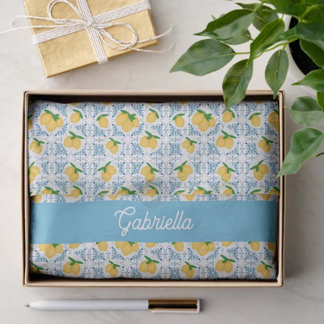 French Country Lemon Blue Tile Monogram Tissue Paper (Gift)