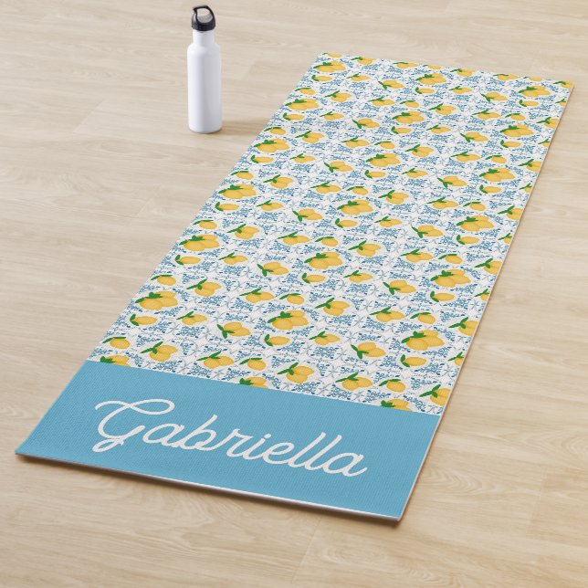 French Country Lemon Blue Tile Monogram Yoga Mat (In Situ)