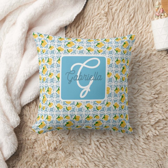 French Country Lemon Blue Tile Pattern Cushion (Blanket)