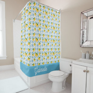 French Country Lemon Blue Tile Pattern Shower Curtain
