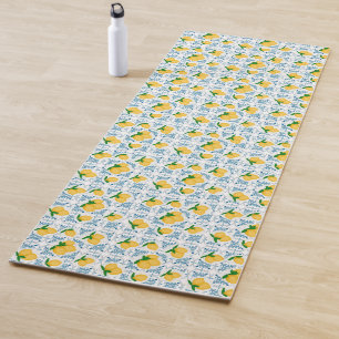 French Country Lemon Blue Tile Pattern Yoga Mat