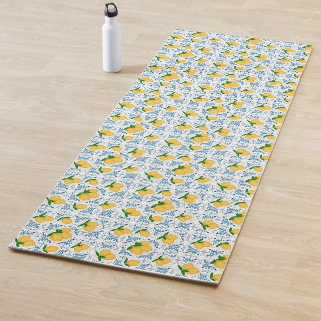 French Country Lemon Blue Tile Pattern Yoga Mat (In Situ)