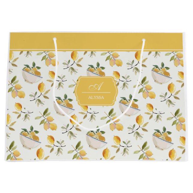 French Country Lemon Pattern Monogram Gift Bag (Front)