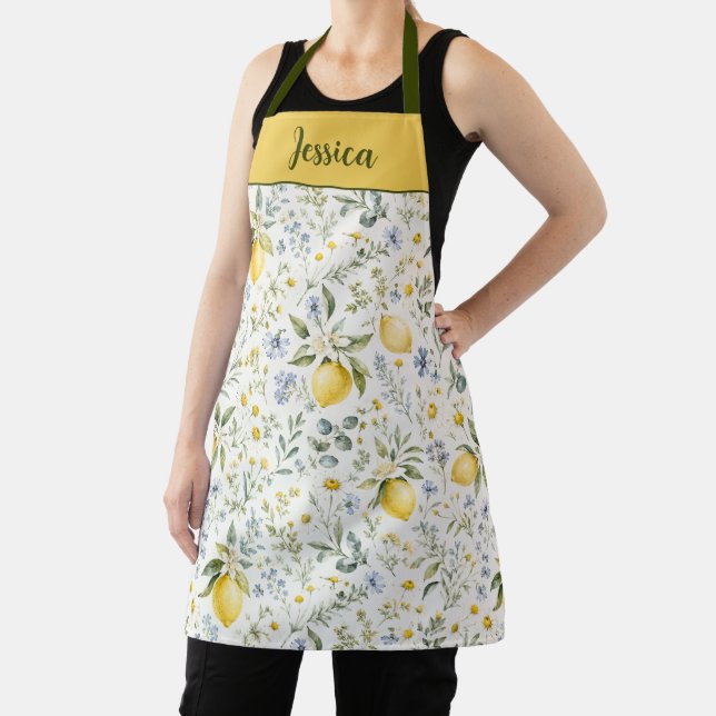 French Country Lemon Wildflower Custom Name Apron (Insitu)