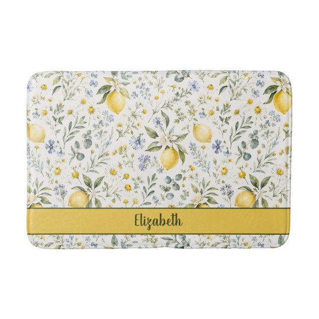 French Country Lemon Wildflower Custom Name Bath Mat (Front)