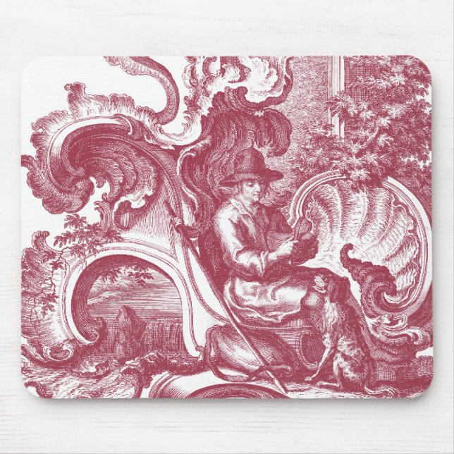 French Country Man and Dog Beautiful Red Toile Mouse Mat (Front)