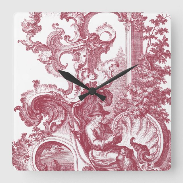 French Country Man and Dog Beautiful Red Toile Square Wall Clock (Front)