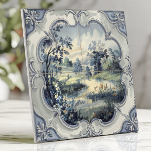 French Country Pastoral Blue and White Toile Tile