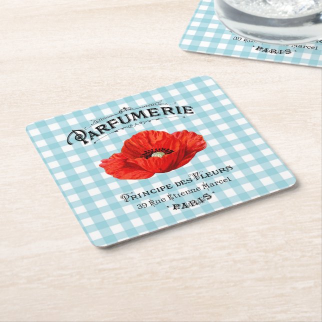 French Country Perfume Red Poppy Teal Chequered Square Paper Coaster (Angled)