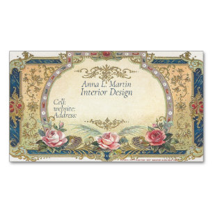 French Country Pink Roses Gold Filigree Magnetic Business Card
